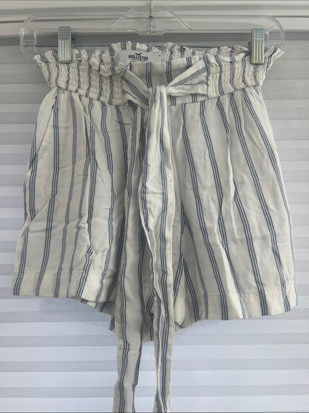 Hollister White & Blue Striped Paperbag Waist Shorts